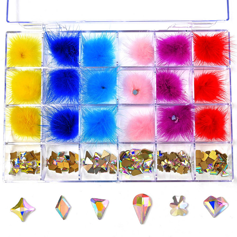 Üveg Nail Crystals Bling Box-Red 24 rácsos doboz 1db pontozással+AB Crystal strasszos doboz Clear Multi-Shape Flat Back Nail Gem