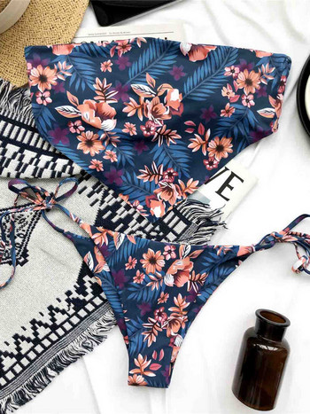 Flower Bandeau Bikini Γυναικεία Μαγιό Γυναικείο Μαγιό Σετ μπικίνι δύο τεμαχίων Στράπλες Brazilian Bather Μαγιό V2844