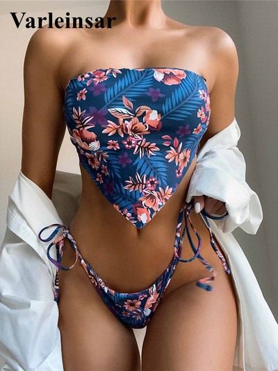 Flower Bandeau Bikini Γυναικεία Μαγιό Γυναικείο Μαγιό Σετ μπικίνι δύο τεμαχίων Στράπλες Brazilian Bather Μαγιό V2844