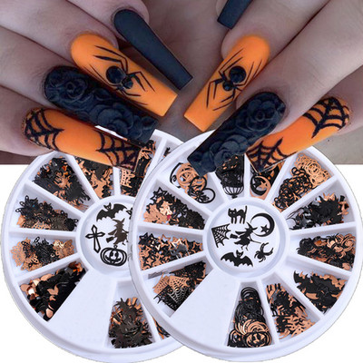 Halloween köröm flitterek 3D körömbűvek boszorkány pókháló fekete macska denevér sütőtök fekete arany fémes pelyhek körömdíszítés flitter dekor