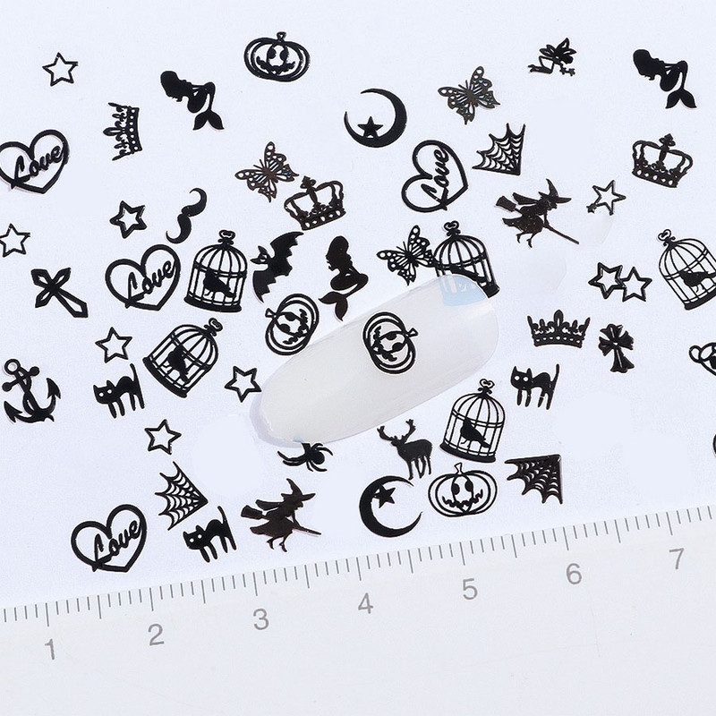 Halloween köröm flitterek 3D körömbűvek boszorkány pókháló fekete macska denevér sütőtök fekete arany fémes pelyhek körömdíszítés flitter dekor