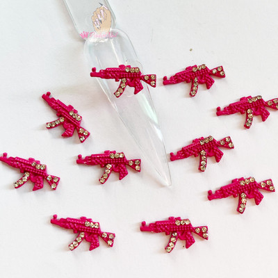 10db Luxus körömbűvek Hot Pink Bunny Gun Forma Csillogó Strassz DIY Ékszer Manikűr 3D Körömdíszítés Tippek Dekorációs Kiegészítő