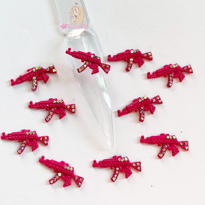 10db Luxus körömbűvek Hot Pink Bunny Gun Forma Csillogó Strassz DIY Ékszer Manikűr 3D Körömdíszítés Tippek Dekorációs Kiegészítő