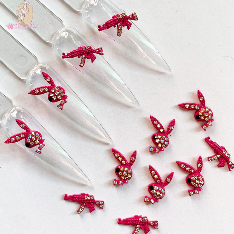 10db Luxus körömbűvek Hot Pink Bunny Gun Forma Csillogó Strassz DIY Ékszer Manikűr 3D Körömdíszítés Tippek Dekorációs Kiegészítő