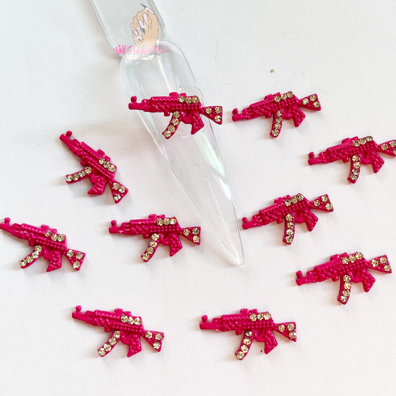 10db Luxus körömbűvek Hot Pink Bunny Gun Forma Csillogó Strassz DIY Ékszer Manikűr 3D Körömdíszítés Tippek Dekorációs Kiegészítő