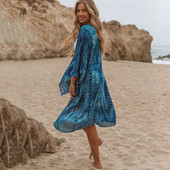 TEELYNN kék pamutmintás nyári bikini Cover Up szexi bő boho kimono Vestidos női hosszú ujjú tunika felső blúz