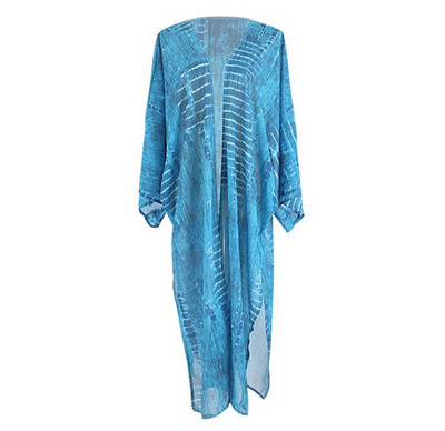 TEELYNN kék pamutmintás nyári bikini Cover Up szexi bő boho kimono Vestidos női hosszú ujjú tunika felső blúz