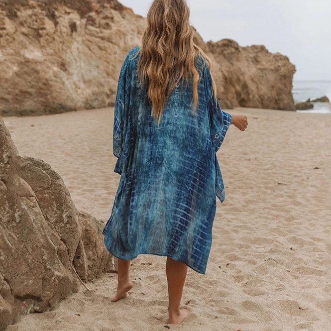 TEELYNN kék pamutmintás nyári bikini Cover Up szexi bő boho kimono Vestidos női hosszú ujjú tunika felső blúz