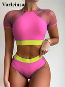 Splicing Mesh rövid ujjú, magas derekú bikini női fürdőruha Női fürdőruha Kétrészes bikini szett fürdőruha Swim V2871P