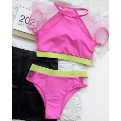 Splicing Mesh rövid ujjú, magas derekú bikini női fürdőruha Női fürdőruha Kétrészes bikini szett fürdőruha Swim V2871P