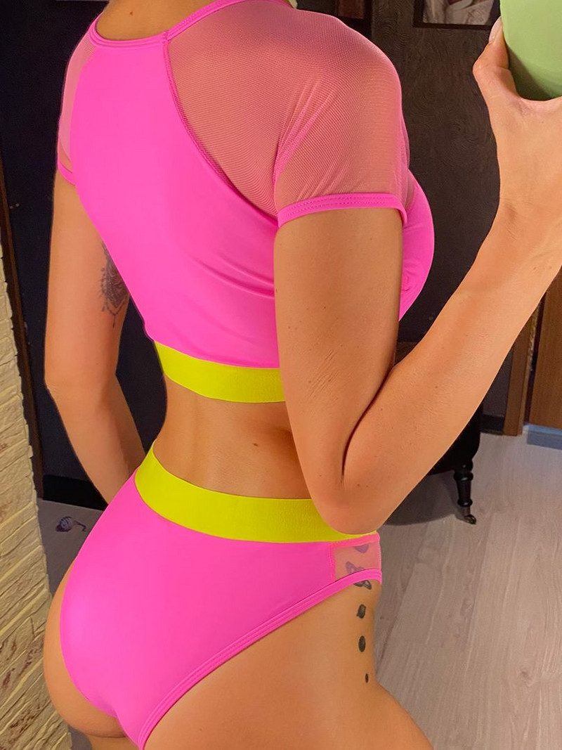 Splicing Mesh rövid ujjú, magas derekú bikini női fürdőruha Női fürdőruha Kétrészes bikini szett fürdőruha Swim V2871P