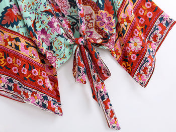 Boho Vintage Floral Print Sashes κοντά γυναίκες κιμονό 2023 Μόδα γυναικείες μπλούζες Casual V λαιμόκοψη μανίκια μποέμ με κάλυψη