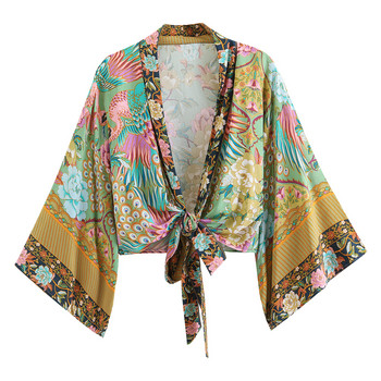 Boho Vintage Floral Print Sashes κοντά γυναίκες κιμονό 2023 Μόδα γυναικείες μπλούζες Casual V λαιμόκοψη μανίκια μποέμ με κάλυψη