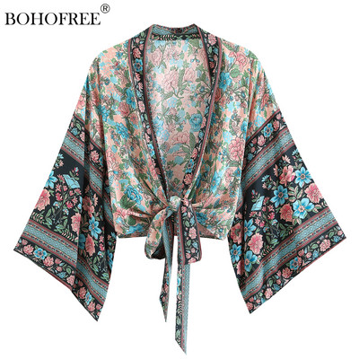 Boho vintage pojasevi s cvjetnim printom, kratki kimono, ženske modne ženske bluze iz 2023., ležerne, V izrez, krila šišmiša, rukavi, boemska maska