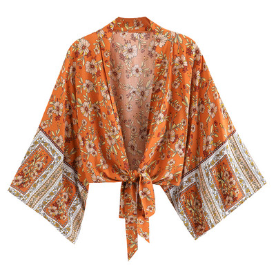 Boho vintage pojasevi s cvjetnim printom, kratki kimono, ženske modne ženske bluze iz 2023., ležerne, V izrez, krila šišmiša, rukavi, boemska maska