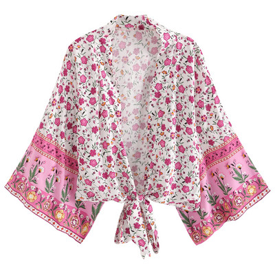 Boho vintage pojasevi s cvjetnim printom, kratki kimono, ženske modne ženske bluze iz 2023., ležerne, V izrez, krila šišmiša, rukavi, boemska maska