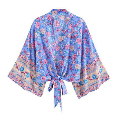 Boho vintage pojasevi s cvjetnim printom, kratki kimono, ženske modne ženske bluze iz 2023., ležerne, V izrez, krila šišmiša, rukavi, boemska maska