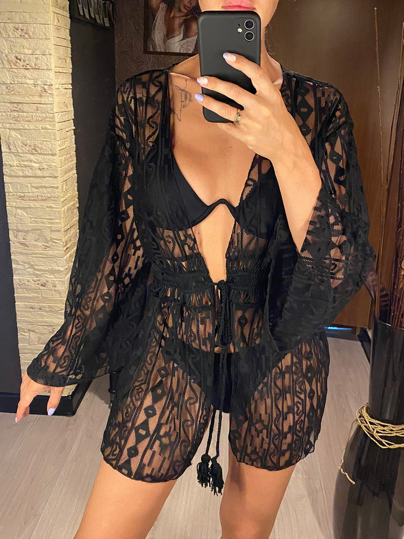 Nova seksi čipkasta izdubljena tunika za plažu Prekrivači Haljina za plažu Odjeća za plažu Ženska ženska V3822