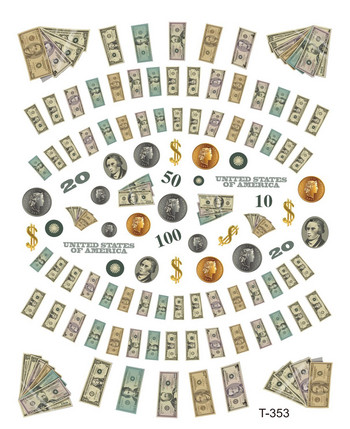 Flex-in: 6 бр. Swaggy Dollar Coin Стикер за нокти Карикатура US Statue Liberty Design Стикери за върховете на пръстите Самозалепващи се гелове за нокти Стикер