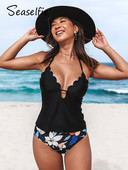 SEASLEFIE Scalloped Halter Mid Waist Tankini fürdőruha nőknek Szexi V-nyakú bikini készletek kétrészes fürdőruha 2023 fürdőruha