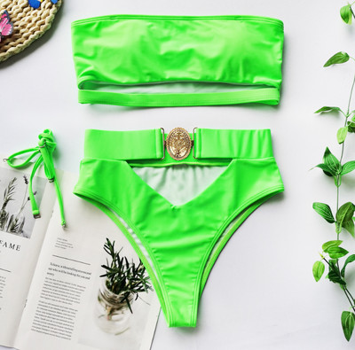 GNIM magas derekú, kivágott fürdőruha női Push Up bikini fürdőruha, 2020 Bandeau csatos női fürdőruha, kétrészes tömör bikini
