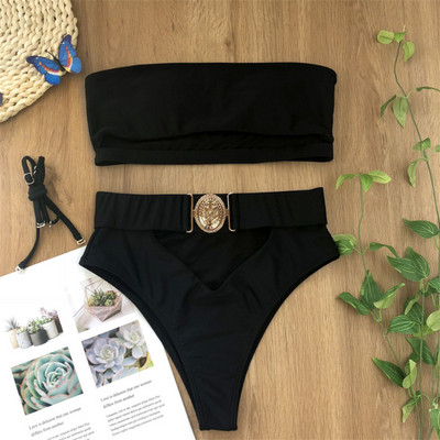 GNIM magas derekú, kivágott fürdőruha női Push Up bikini fürdőruha, 2020 Bandeau csatos női fürdőruha, kétrészes tömör bikini
