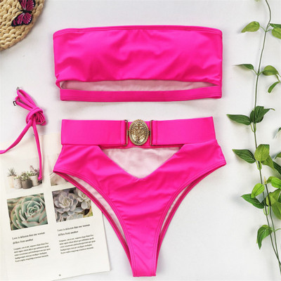 GNIM magas derekú, kivágott fürdőruha női Push Up bikini fürdőruha, 2020 Bandeau csatos női fürdőruha, kétrészes tömör bikini