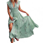 Kuum allahindlus Elegantne vintage naiste maksikleit varrukateta V-kaelusega lillemustriga suur äärisega pikk polüesterkleit peokleit iga päev tutvumiseks