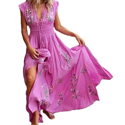 Kuum allahindlus Elegantne vintage naiste maksikleit varrukateta V-kaelusega lillemustriga suur äärisega pikk polüesterkleit peokleit iga päev tutvumiseks