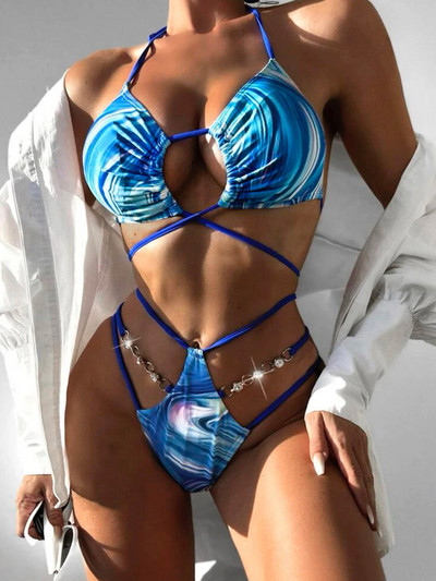 Szexi strasszpántos női fürdőruha magas derekú bikini női fürdőruha Kétrészes bikini szett fürdőruha Swim V4167