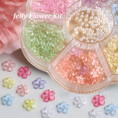 Jelly Floret: 5 žiedlapių vasaros 3d akrilo gėlių nagų rinkinys prašmatnaus pudingo gėlių dervos žavesio baltos nagų dailės papuošalų dėžutės rinkinys 6 mm