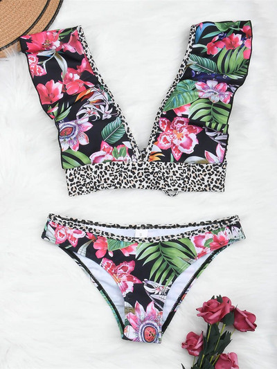 Splicing Fodros Bikini Női fürdőruha Női fürdőruha Kétrészes bikini szett virágmintás Leopárd fürdőruha Swim V2923