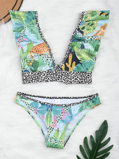 Splicing Fodros Bikini Női fürdőruha Női fürdőruha Kétrészes bikini szett virágmintás Leopárd fürdőruha Swim V2923