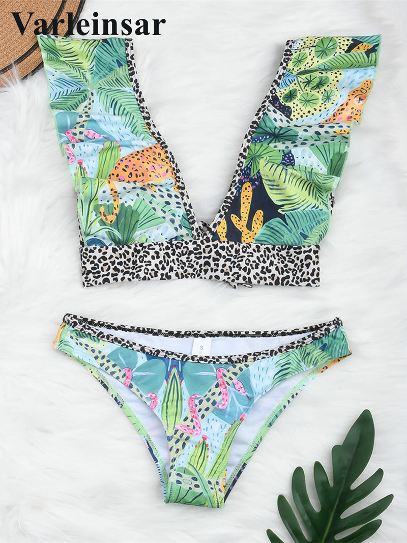 Splicing Fodros Bikini Női fürdőruha Női fürdőruha Kétrészes bikini szett virágmintás Leopárd fürdőruha Swim V2923