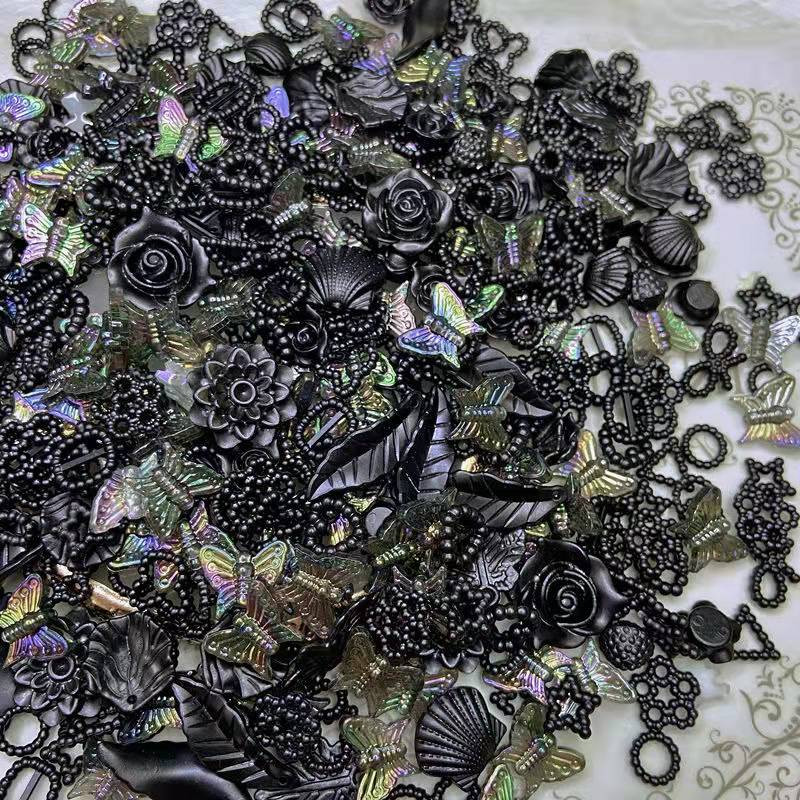 100db (Mix) Vintage Fekete Gyöngy csecsebecse Darkness Heart Floret Design Pillangó Bájos Dísz Gyanta körömvég Dekoráció Barkácsolás