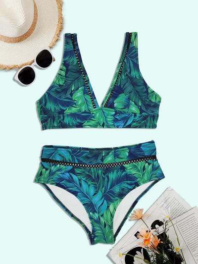【Posebna ponuda】 Dvodijelni kupaći kostim u obliku patchworka u obliku listova, kupaći kostim s visokim strukom, seksi ljetni kupaći kostim za kupanje, brazilski