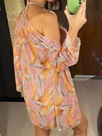 With Cover Up Leaves Printed Bikini Γυναικεία μαγιό Γυναικείο μαγιό τριών τεμαχίων μπικίνι σετ Halter Bather Μαγιό Swim V3265