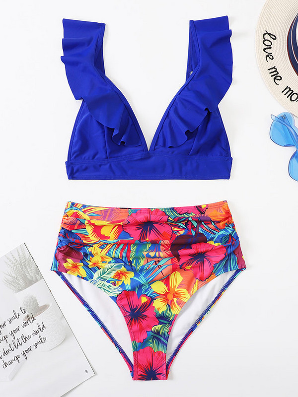 Bikini visokog struka 2022 Kupaći kostim s volanima s V izrezom Biquini Plavi kupaći kostim Ženski dvodijelni bikini set Xl Ljetni monokini