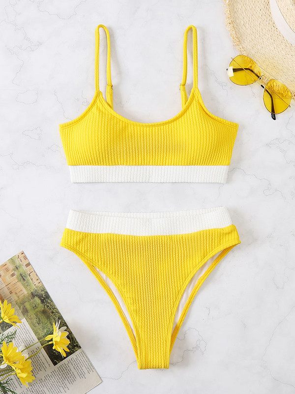 Bikiniai su aukštu juosmeniu, 2022 m. „Push Up“ maudymosi kostiumėlis, moteriškas maudymosi kostiumėlis, briaunotas maudymosi kostiumėlis Madingas paplūdimio aprangos XL bikinio rinkinys