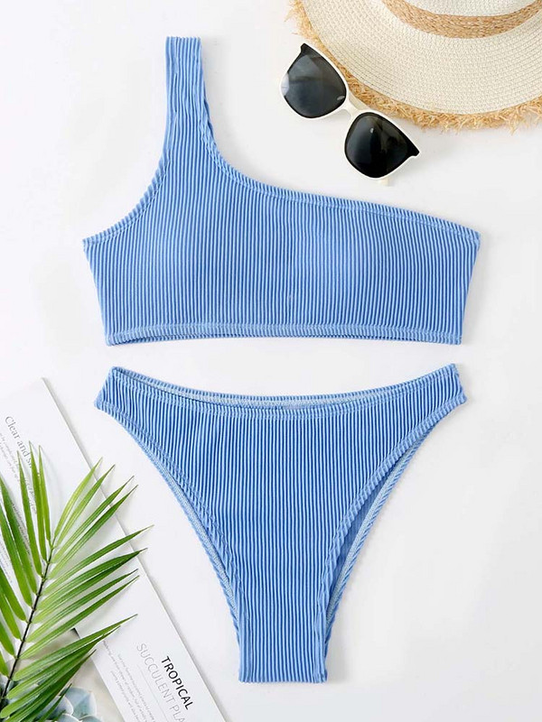 Bijeli bikini visokog struka Bikini modni kupaći kostim od rebraste tkanine Ženski kupaći kostim Crni monokini komplet bikinija na jedno rame za kupanje 2022.