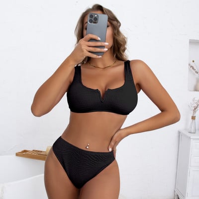 Modni kupaći kostimi s V izrezom 2022., ženski crni kupaći kostimi Jednobojni kupaći kostimi Crveni Push Up bikini set