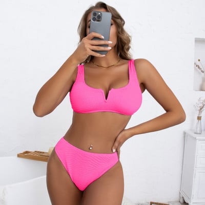 Modni kupaći kostimi s V izrezom 2022., ženski crni kupaći kostimi Jednobojni kupaći kostimi Crveni Push Up bikini set