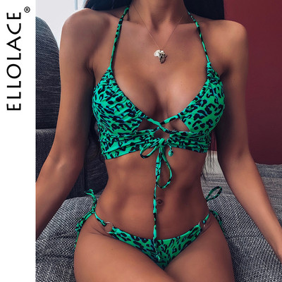 Ellolace Animal Bikini Push Up Swimsuit Women Leopard Female Bandage Sexy Swimwear Women Monokini Halter Bashless Bathing костюм