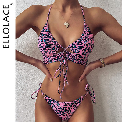 Ellolace Animal Bikini Push Up Μαγιό Γυναικεία Leopard Γυναικείο επίδεσμος Σέξι μαγιό Γυναικεία Monokini Halter εξώπλατο μαγιό
