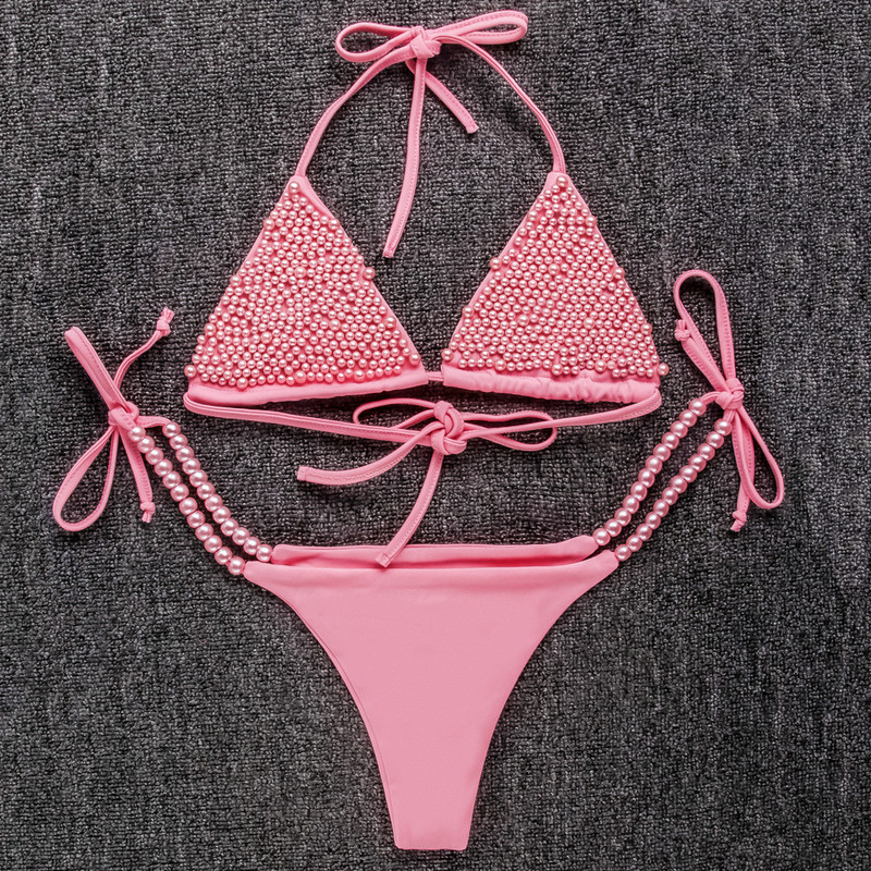 Seksi mikro bikini set, ženski kupaći kostimi na vezanje, kupaći kostimi, biserni V-izrez, halter, ženski brazilski kupaći kostim za plažu