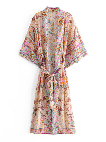 Boho Γυναικεία στάμπα Peacock Bat Sleeve Beach Bohemian Kimono Robe Γυναικεία φούντα V λαιμόκοψη Καλοκαιρινή κάλυψη με χαρούμενα μπικίνι