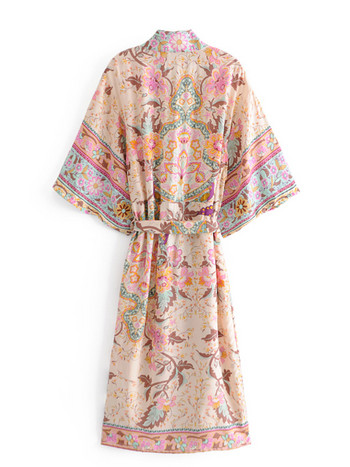 Boho Γυναικεία στάμπα Peacock Bat Sleeve Beach Bohemian Kimono Robe Γυναικεία φούντα V λαιμόκοψη Καλοκαιρινή κάλυψη με χαρούμενα μπικίνι