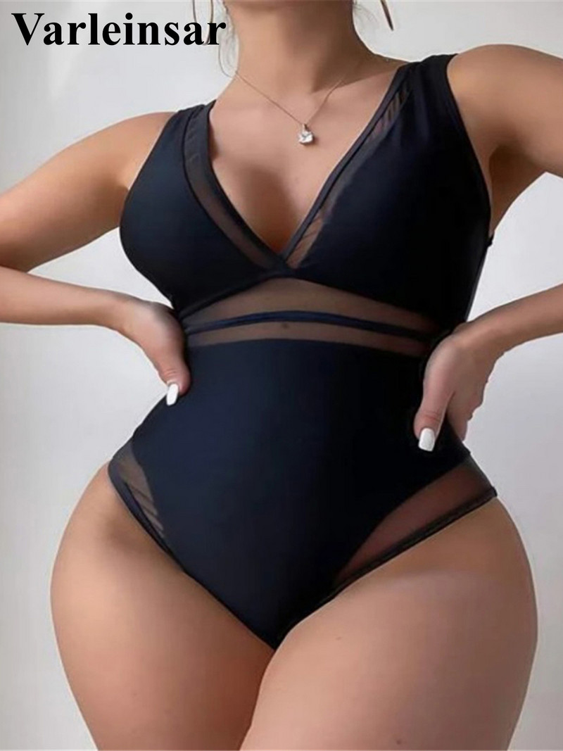 Seksi jednodijelni kupaći kostim za žene s prozirnim mrežastim izrezom s V izrezom, kupaći kostim s visokim izrezom, ženski kupaći kostim s podstavljenim monokinijem V4109