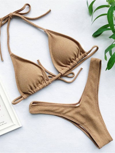 Sexy Ribbed Brazilian Bikini 2022 Μαγιό Γυναικεία Μαγιό Γυναικεία Σετ μπικίνι δύο τεμαχίων με μαγιό Halter Bather V1192