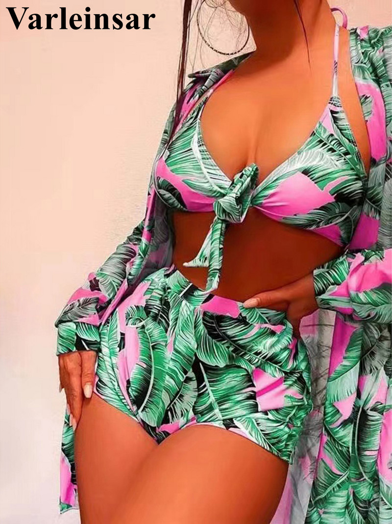 Fedővel, nyomott magas derekú bikini női fürdőruha Női fürdőruha Háromrészes bikini szett fürdőruha fürdőruha Swim V4294